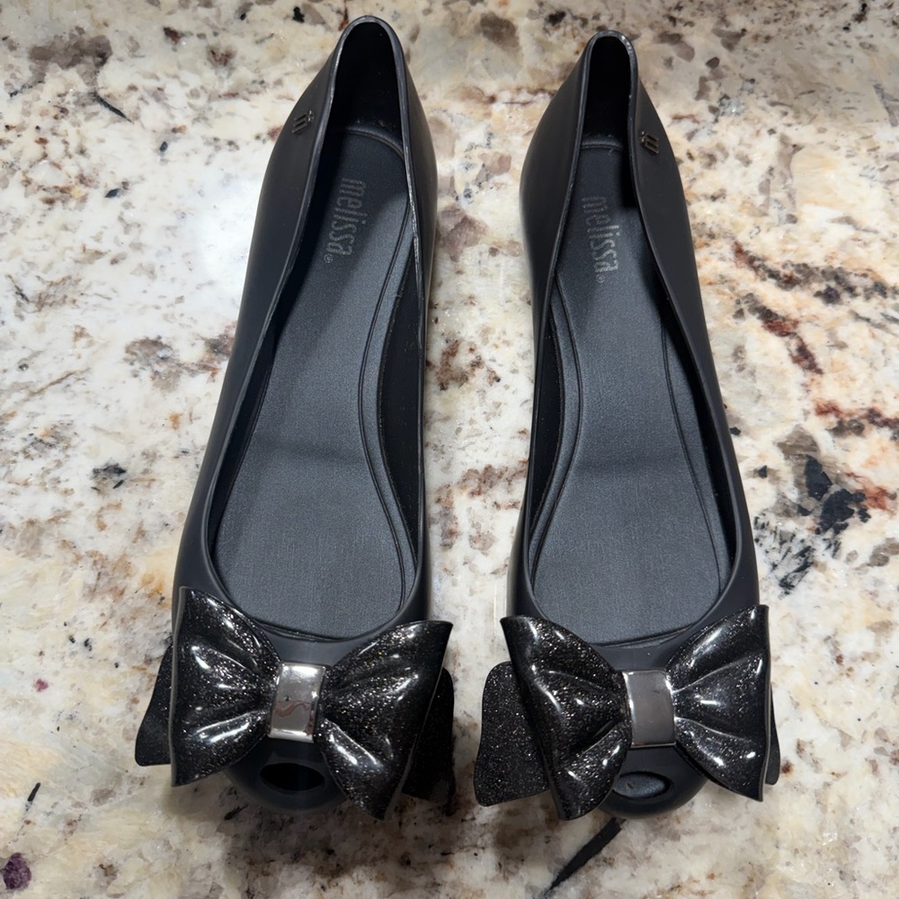 Melissa woman Black Glitter Bow Flats slip on stylish